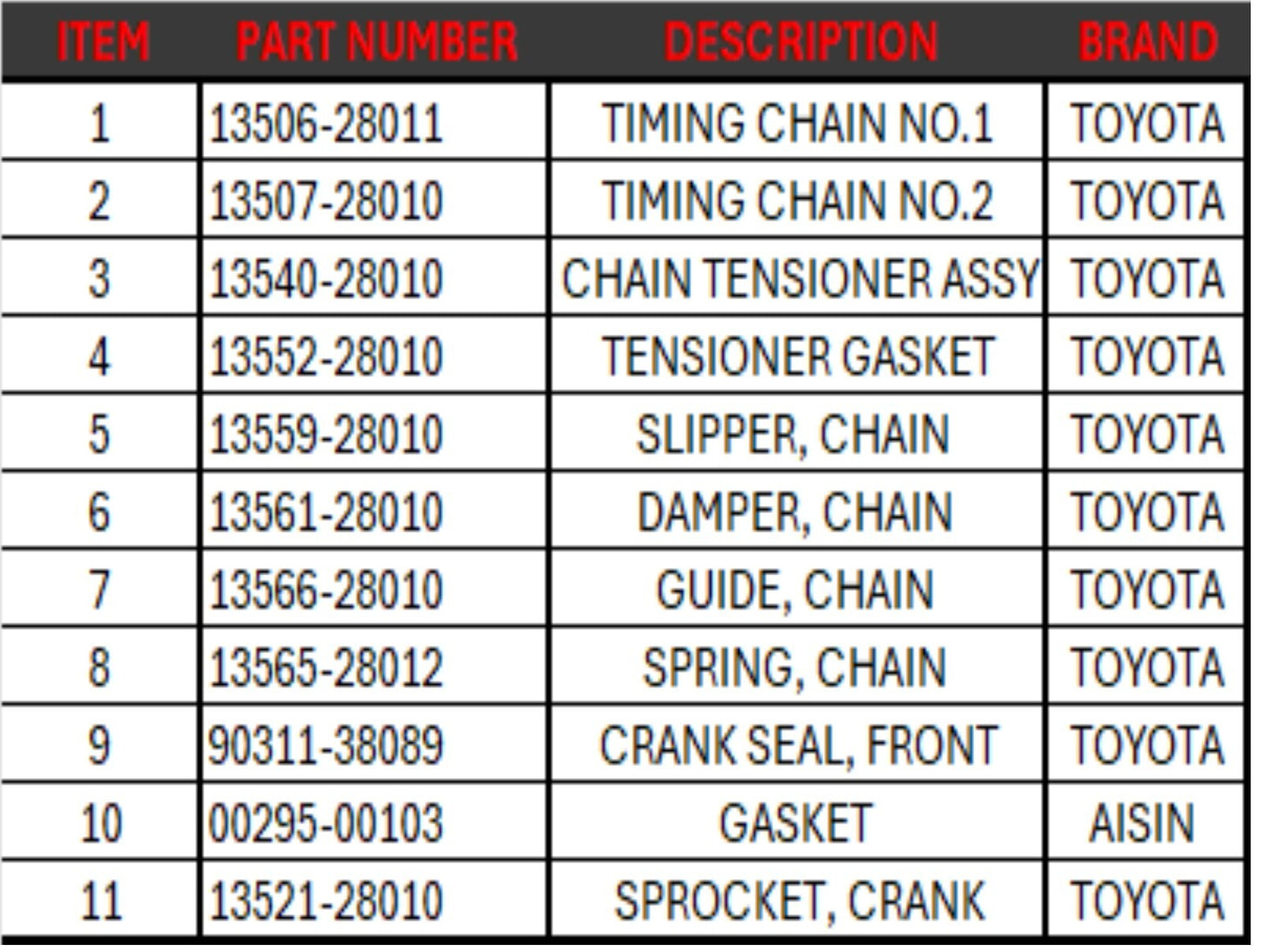 TOYOTA 2AZFE - 2.4 16-VALVE FACTORY TIMING CHAIN KIT & AISIN PUMP- SEE DIAGRAM