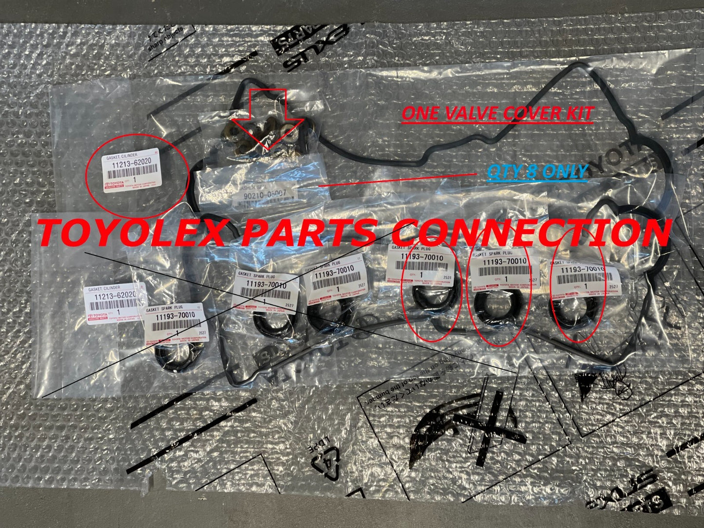 NEW GENUINE TOYOTA VALVE COVER WASHER (8) GASKET (1) & SPARK PLUG (3) (ONLY)